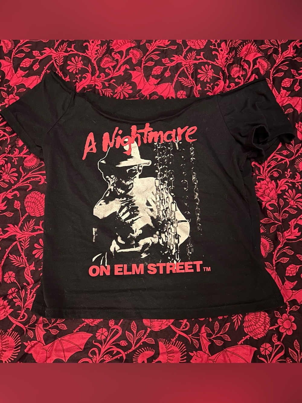 A Nightmare on Elm Street off the shoulder black t shirt